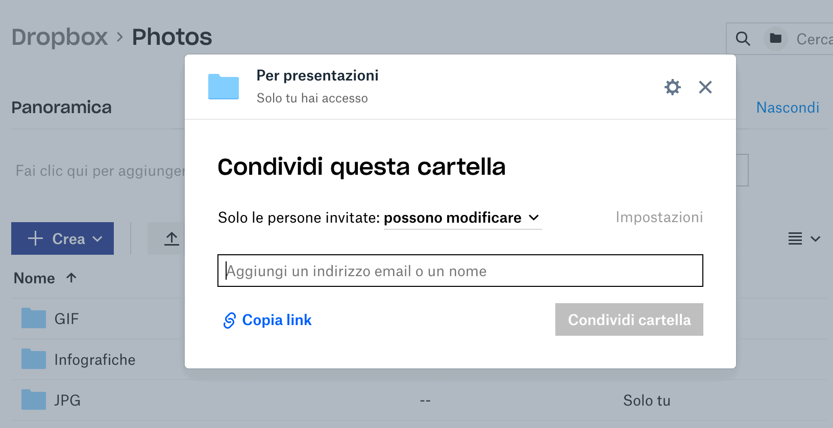 Invitare persone a collaborare con una cartella Dropbox